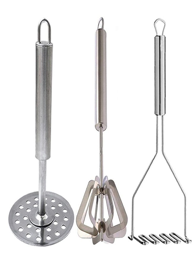 Oc9 Stainless Steel Mathani Hand Blender, Ravai & 2 Vegetable Masher/Pav Bhaji Masher/Potato Masher Silver Kitchen Tool Set - Image 1